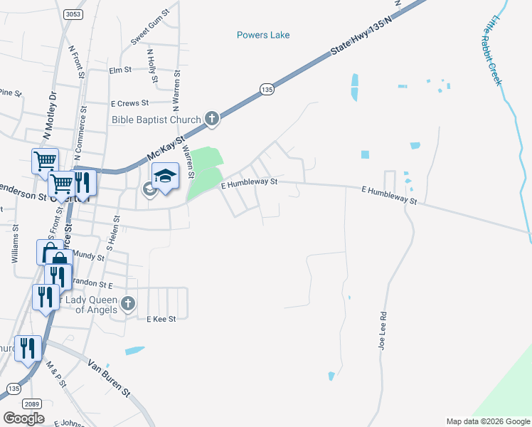 map of restaurants, bars, coffee shops, grocery stores, and more near 1001 Valley View Street in Overton