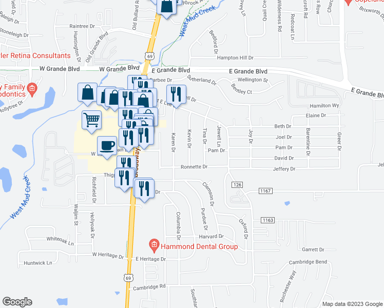 map of restaurants, bars, coffee shops, grocery stores, and more near 8158 Kevin Drive in Tyler