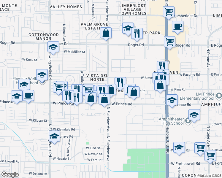 map of restaurants, bars, coffee shops, grocery stores, and more near in Tucson