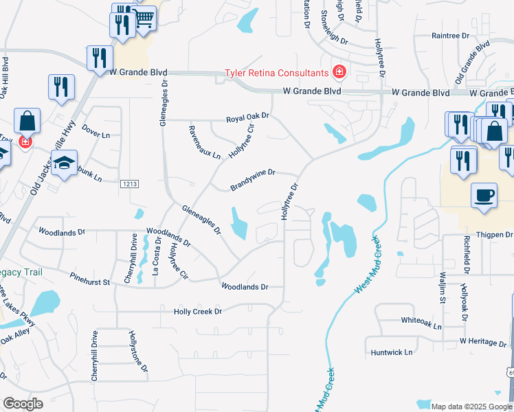 map of restaurants, bars, coffee shops, grocery stores, and more near 1429 Hollytree Place in Tyler