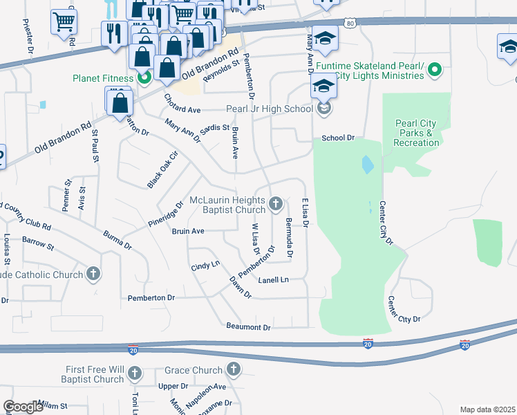 map of restaurants, bars, coffee shops, grocery stores, and more near 142 West Lisa Drive in Pearl