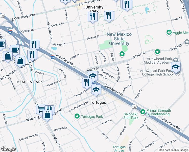 map of restaurants, bars, coffee shops, grocery stores, and more near 1626 Cole Village in Las Cruces