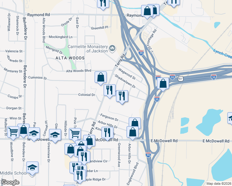 map of restaurants, bars, coffee shops, grocery stores, and more near 139 Sunny Lane Drive in Jackson