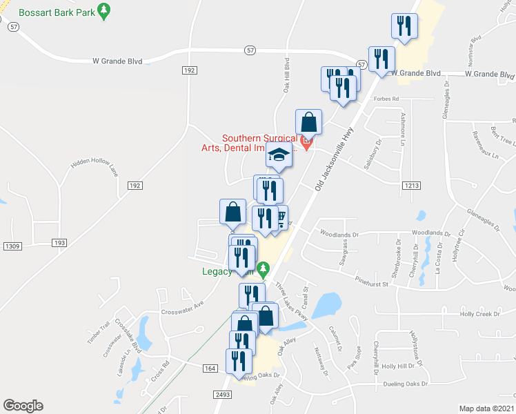 map of restaurants, bars, coffee shops, grocery stores, and more near 6951 Arbor Ridge Drive in Tyler