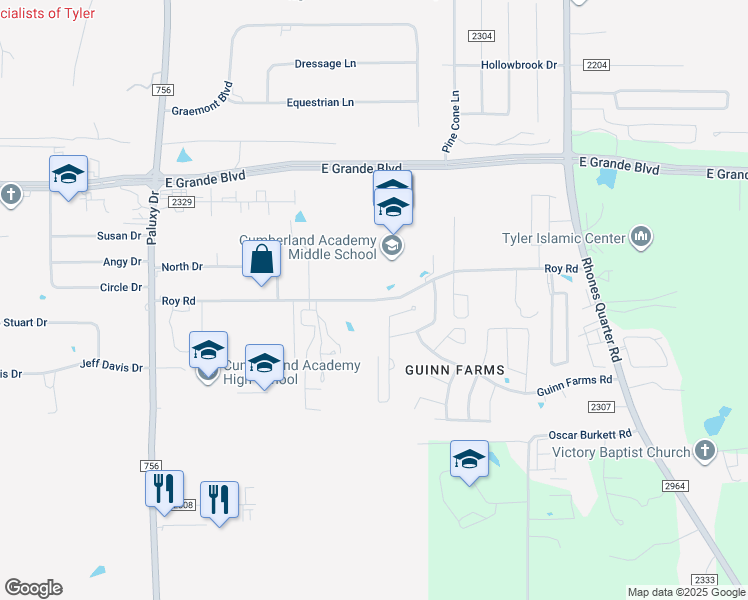 map of restaurants, bars, coffee shops, grocery stores, and more near Roy Road in Tyler