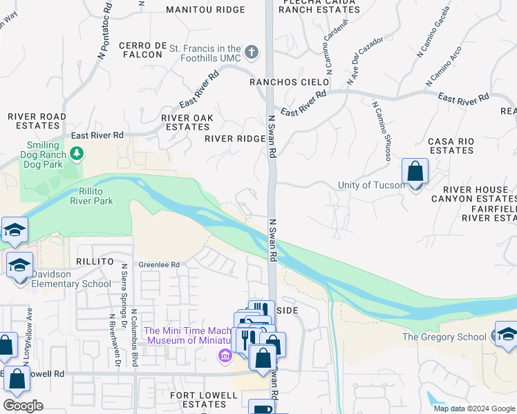 map of restaurants, bars, coffee shops, grocery stores, and more near 3701 North Swan Road in Tucson