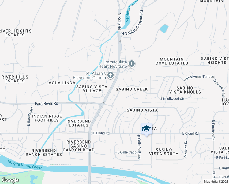 map of restaurants, bars, coffee shops, grocery stores, and more near 3640 North River Ridge Place in Tucson