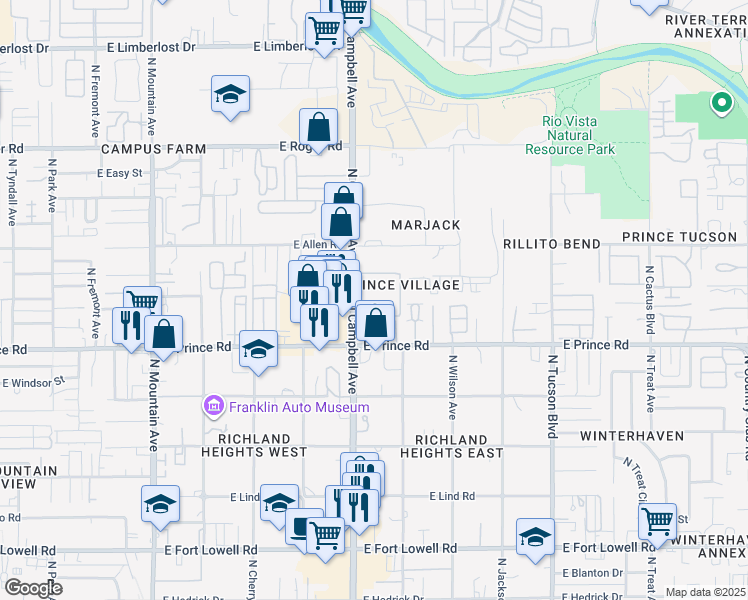 map of restaurants, bars, coffee shops, grocery stores, and more near 3700 North Campbell Avenue in Tucson