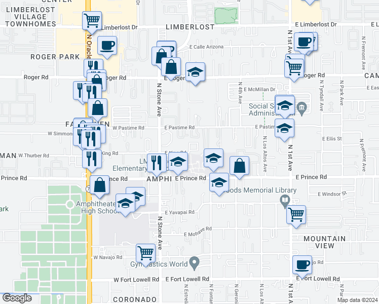 map of restaurants, bars, coffee shops, grocery stores, and more near 127 East King Road in Tucson