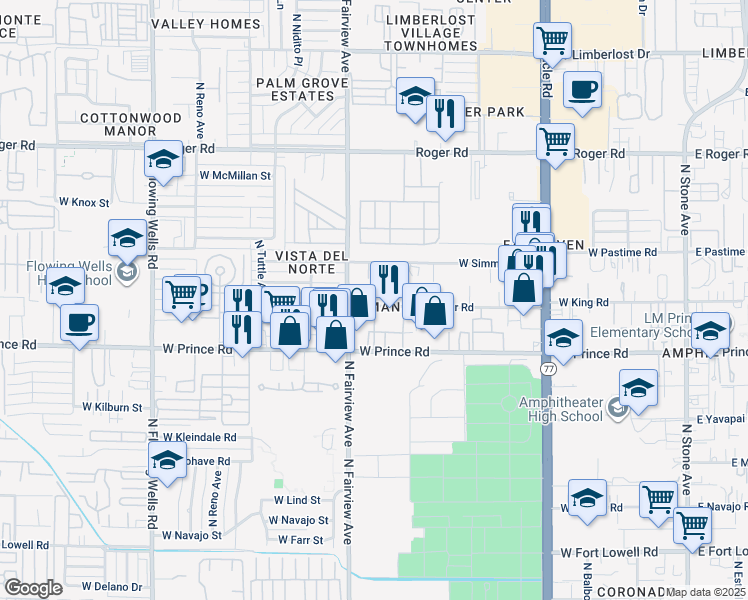 map of restaurants, bars, coffee shops, grocery stores, and more near 812 West Thurber Road in Tucson