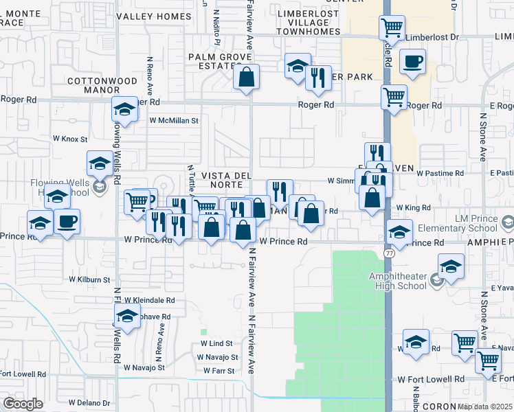 map of restaurants, bars, coffee shops, grocery stores, and more near in Tucson