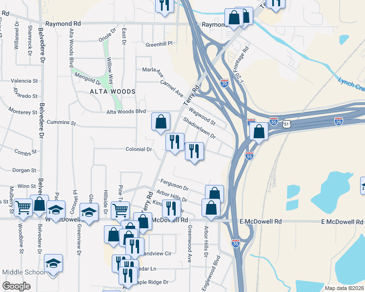 map of restaurants, bars, coffee shops, grocery stores, and more near 139 Sunny Lane Drive in Jackson