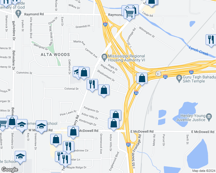 map of restaurants, bars, coffee shops, grocery stores, and more near 214 Sunny Lane Drive in Jackson