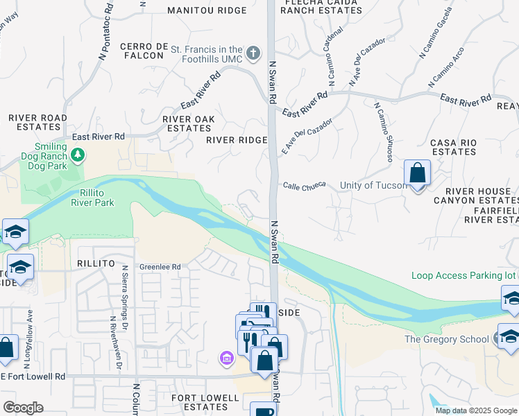 map of restaurants, bars, coffee shops, grocery stores, and more near 3701 North Swan Road in Tucson