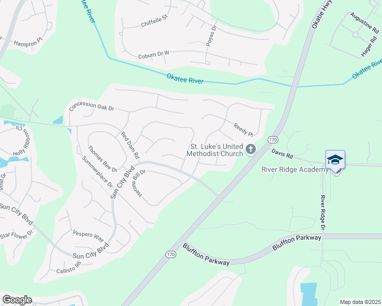 map of restaurants, bars, coffee shops, grocery stores, and more near 103 Spring Beauty Drive in Bluffton