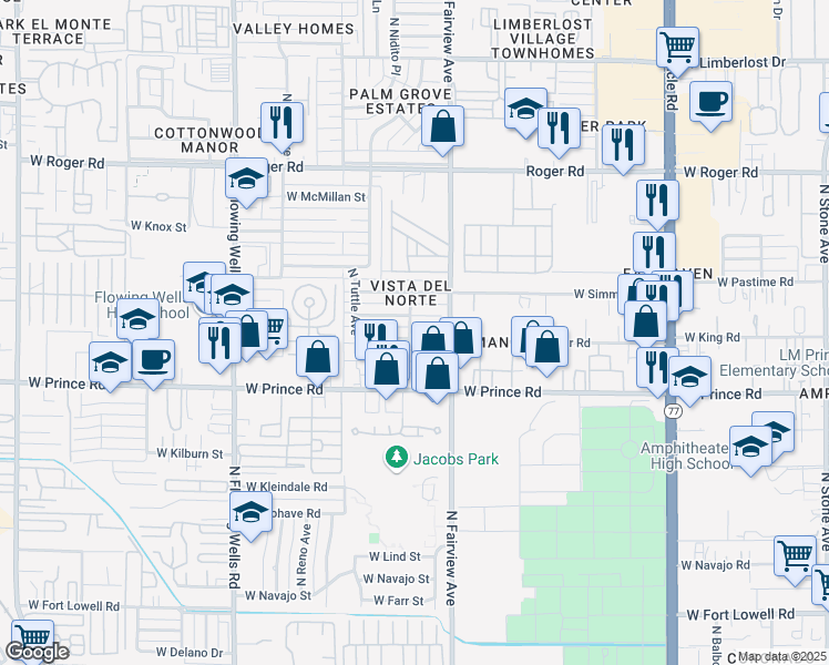 map of restaurants, bars, coffee shops, grocery stores, and more near 948 West Thurber Street in Tucson