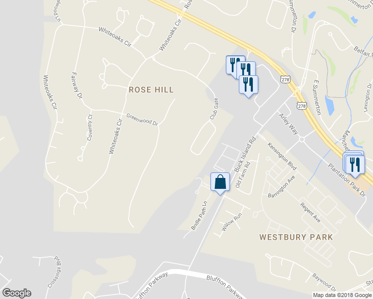 map of restaurants, bars, coffee shops, grocery stores, and more near 250 Club Gate in Bluffton