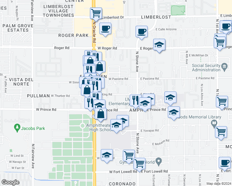 map of restaurants, bars, coffee shops, grocery stores, and more near 220 West King Road in Tucson