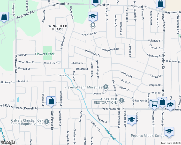 map of restaurants, bars, coffee shops, grocery stores, and more near 2311 Castle Hill Drive in Jackson
