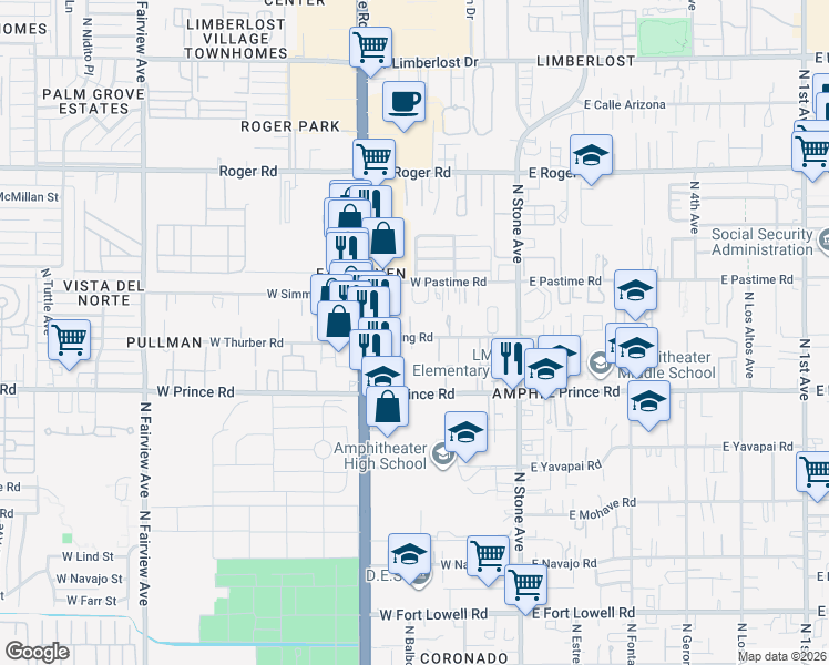 map of restaurants, bars, coffee shops, grocery stores, and more near 300 West King Road in Tucson