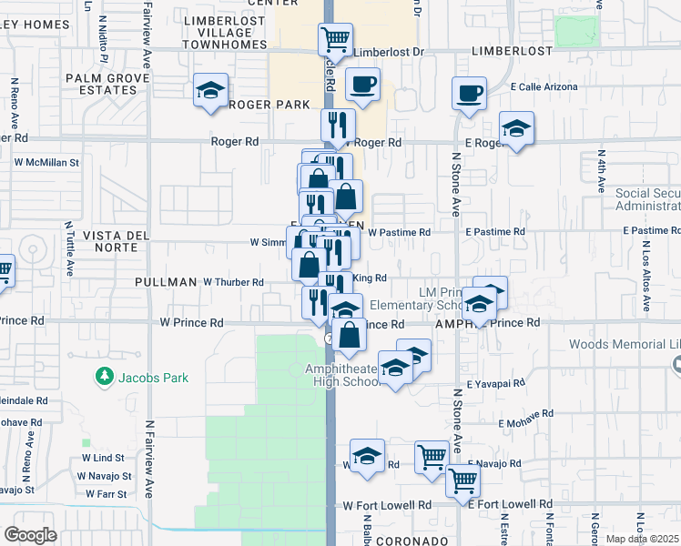 map of restaurants, bars, coffee shops, grocery stores, and more near 3700 North Oracle Road in Tucson