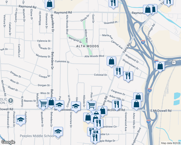 map of restaurants, bars, coffee shops, grocery stores, and more near 250 Colonial Drive in Jackson