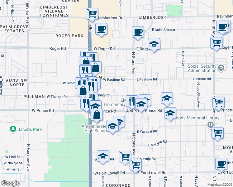 map of restaurants, bars, coffee shops, grocery stores, and more near 138 West King Road in Tucson