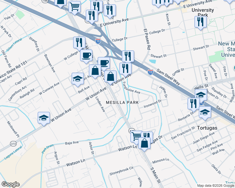 map of restaurants, bars, coffee shops, grocery stores, and more near 156 Hollyhock in Las Cruces