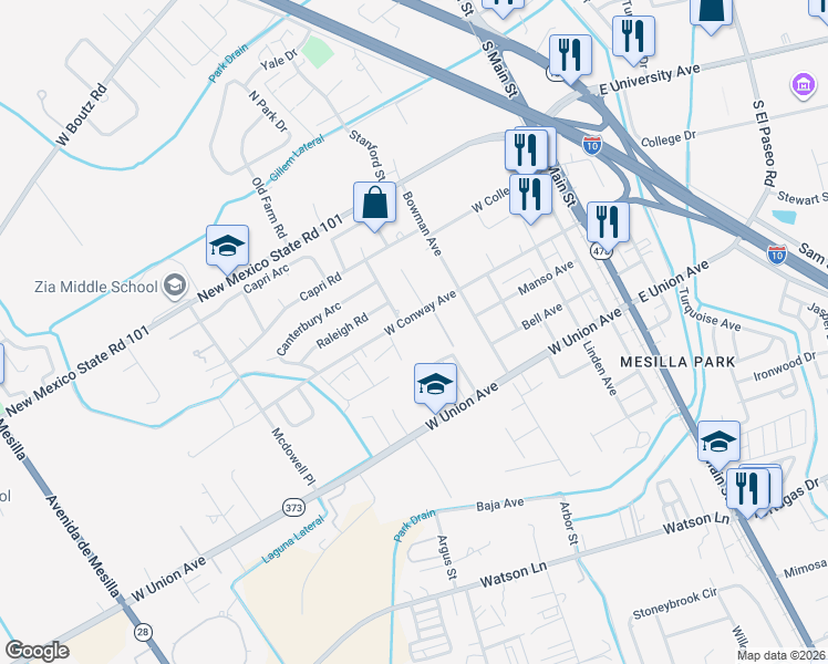 map of restaurants, bars, coffee shops, grocery stores, and more near 795 West Conway Avenue in Las Cruces