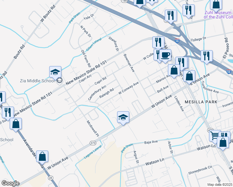 map of restaurants, bars, coffee shops, grocery stores, and more near 812 W Conway Ave in Las Cruces