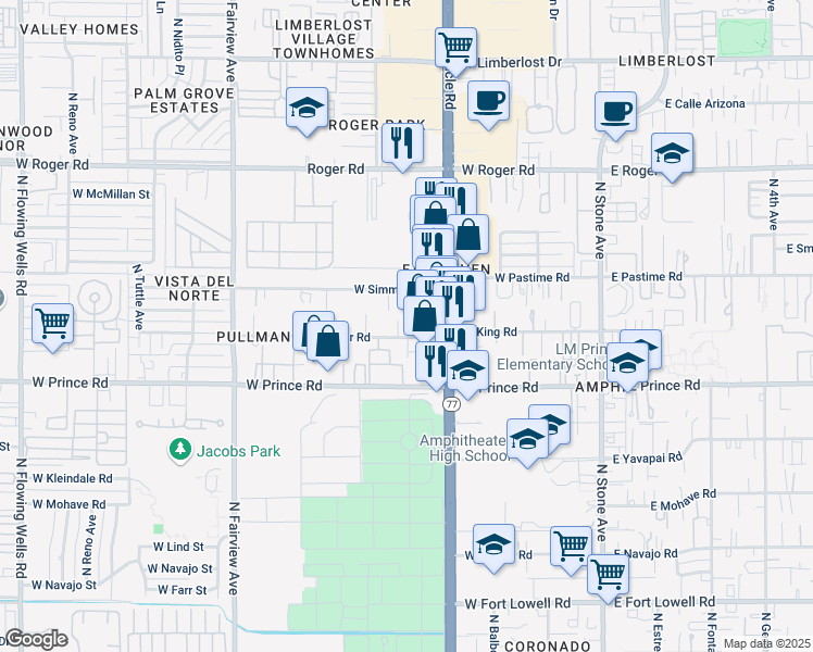 map of restaurants, bars, coffee shops, grocery stores, and more near 462 West Thurber Road in Tucson