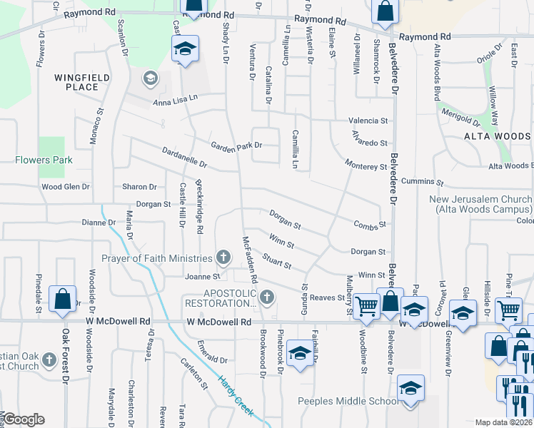map of restaurants, bars, coffee shops, grocery stores, and more near 1047 Dorgan Street in Jackson