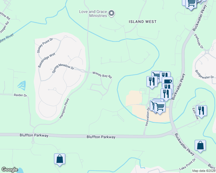 map of restaurants, bars, coffee shops, grocery stores, and more near 46 Woods Bay Road in Bluffton