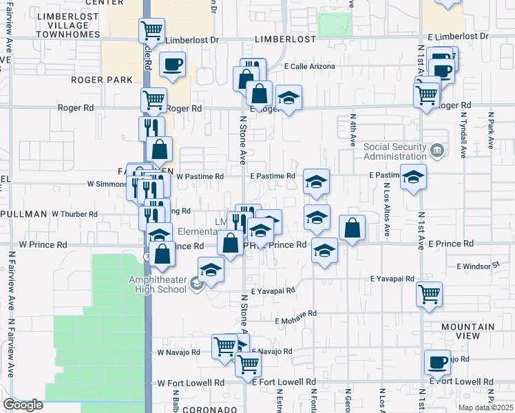 map of restaurants, bars, coffee shops, grocery stores, and more near 21 East King Road in Tucson