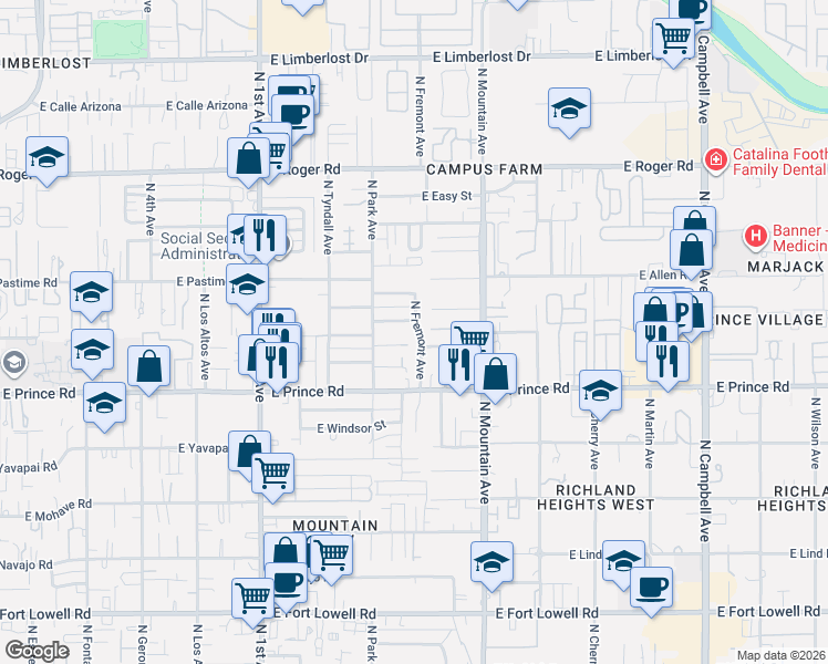 map of restaurants, bars, coffee shops, grocery stores, and more near 3709 North Fremont Avenue in Tucson