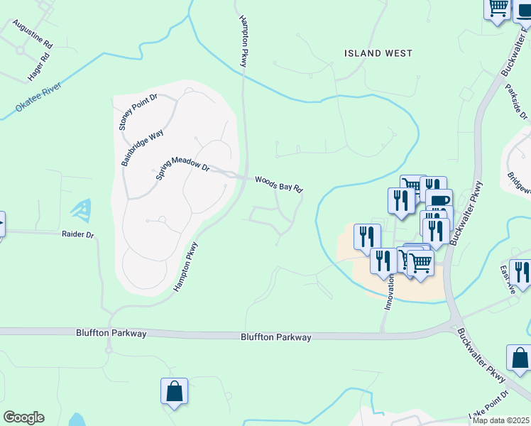 map of restaurants, bars, coffee shops, grocery stores, and more near 7 Orchard Park Drive in Bluffton