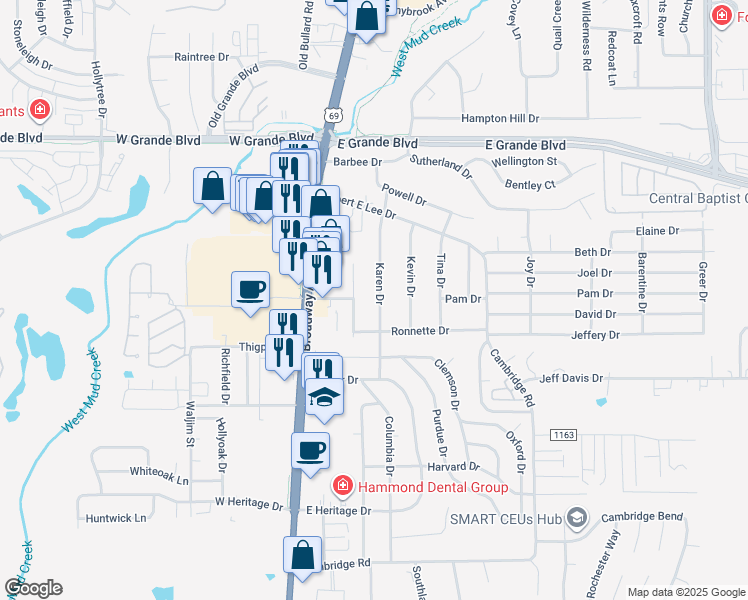 map of restaurants, bars, coffee shops, grocery stores, and more near 8155 Karen Drive in Tyler