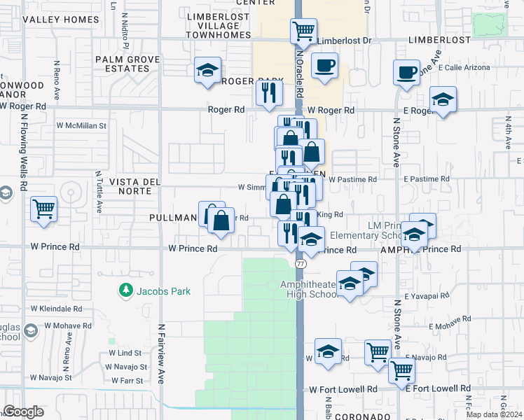 map of restaurants, bars, coffee shops, grocery stores, and more near 462 West Thurber Road in Tucson
