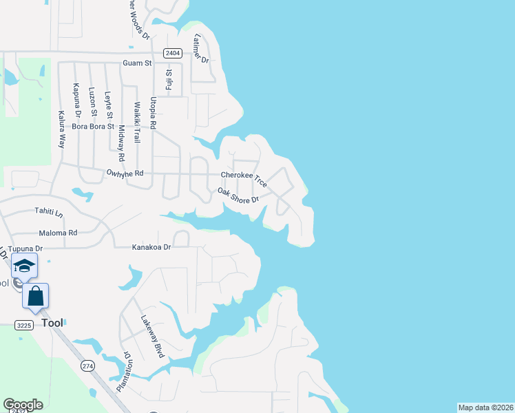 map of restaurants, bars, coffee shops, grocery stores, and more near 1725 Oak Shore Drive in Tool