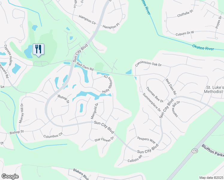 map of restaurants, bars, coffee shops, grocery stores, and more near 41 Holly Ribbons Circle in Bluffton