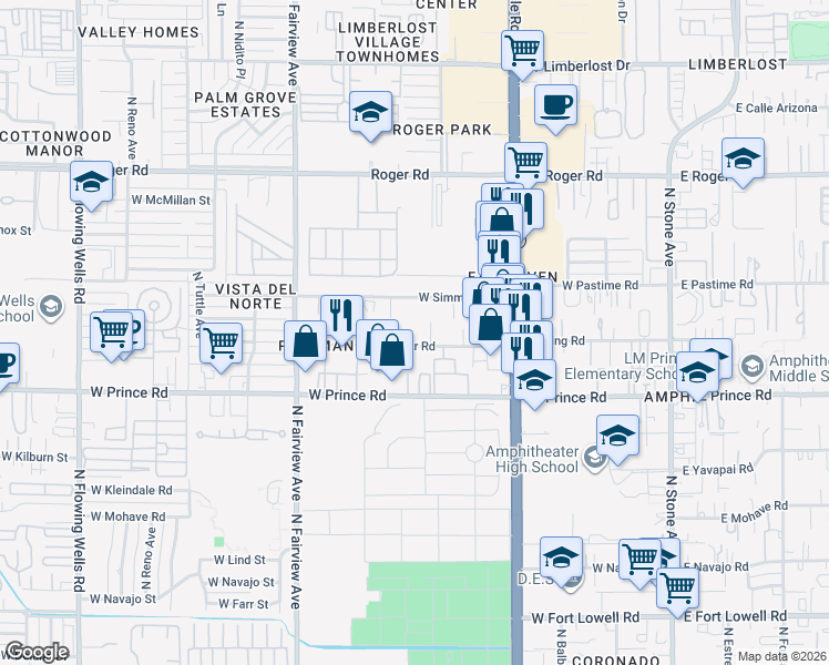 map of restaurants, bars, coffee shops, grocery stores, and more near 558 West Thurber Road in Tucson