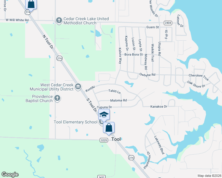 map of restaurants, bars, coffee shops, grocery stores, and more near 704 Tahiti Lane in Tool