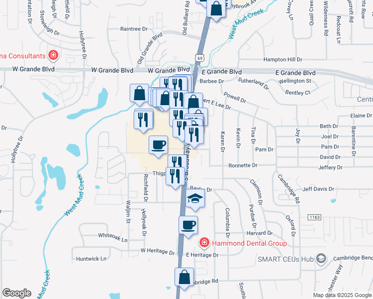 map of restaurants, bars, coffee shops, grocery stores, and more near 400 West South Town Drive in Tyler