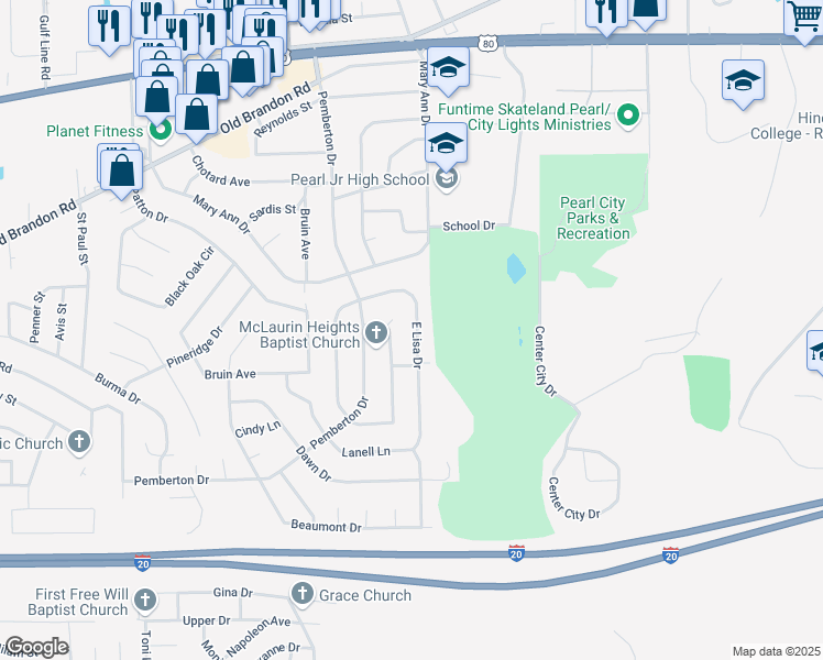 map of restaurants, bars, coffee shops, grocery stores, and more near 3334 East Lisa Drive in Pearl