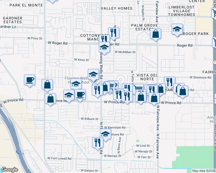 map of restaurants, bars, coffee shops, grocery stores, and more near 1331 West King Place in Tucson