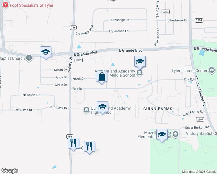 map of restaurants, bars, coffee shops, grocery stores, and more near 6829 Mandy Lane in Tyler