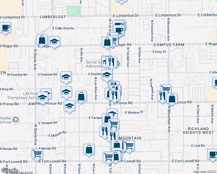 map of restaurants, bars, coffee shops, grocery stores, and more near 3703 North 1st Avenue in Tucson