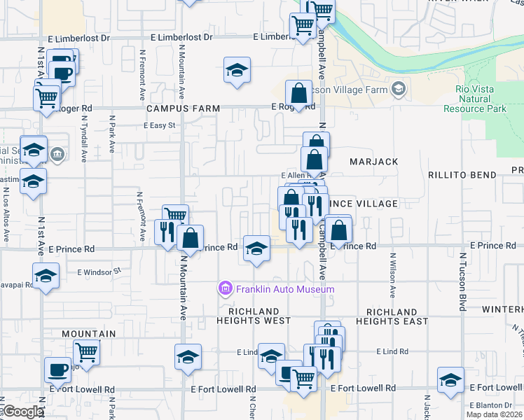 map of restaurants, bars, coffee shops, grocery stores, and more near 1625 East Prince Road in Tucson