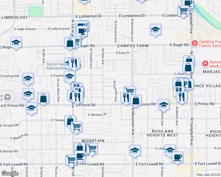 map of restaurants, bars, coffee shops, grocery stores, and more near 3709 North Fremont Avenue in Tucson
