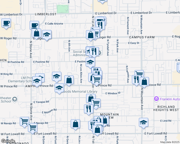 map of restaurants, bars, coffee shops, grocery stores, and more near 3655 North 1st Avenue in Tucson